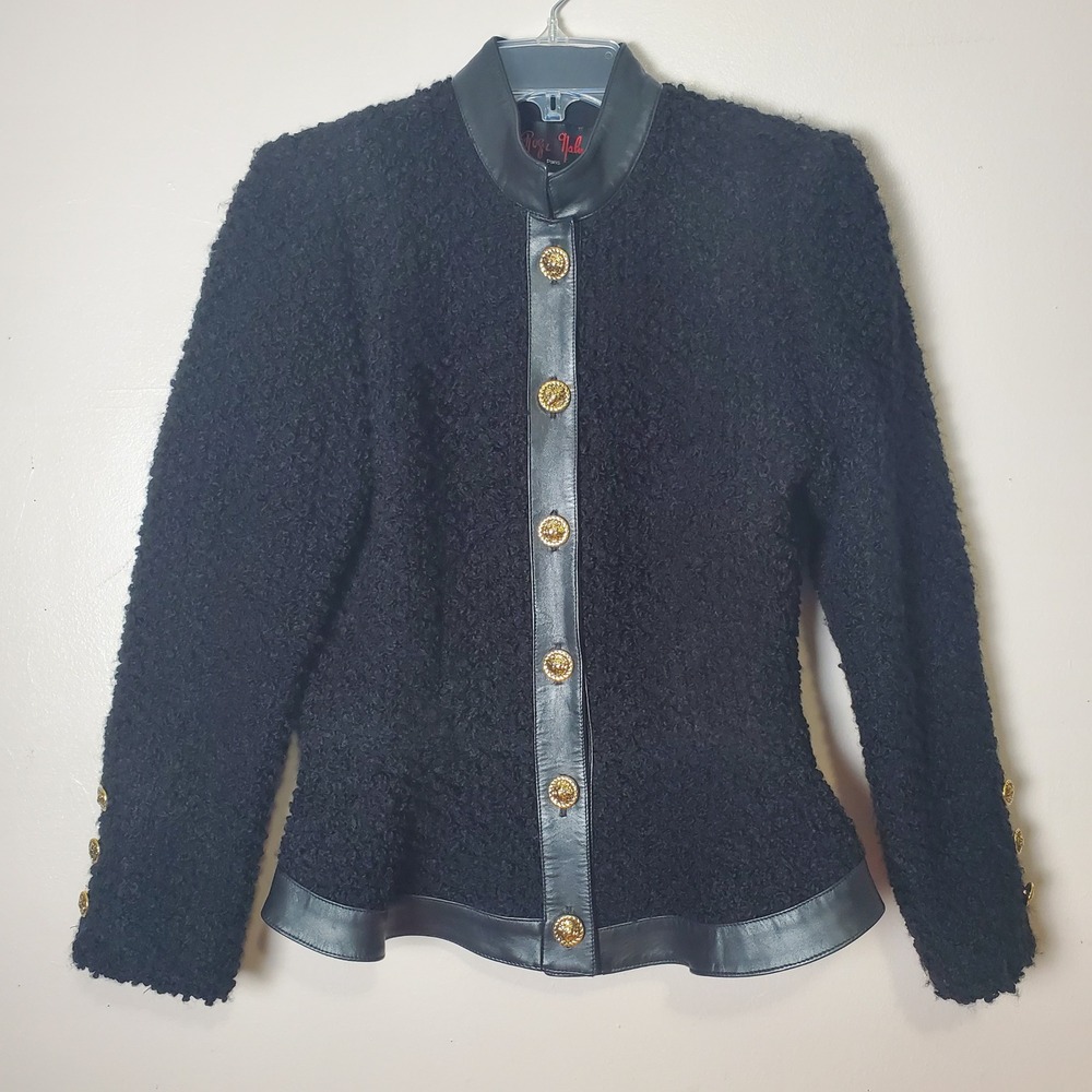 Roger Nahr Paris France‎ Boucle Black Blazer Jacket Medium Peplum Hem Lion Head